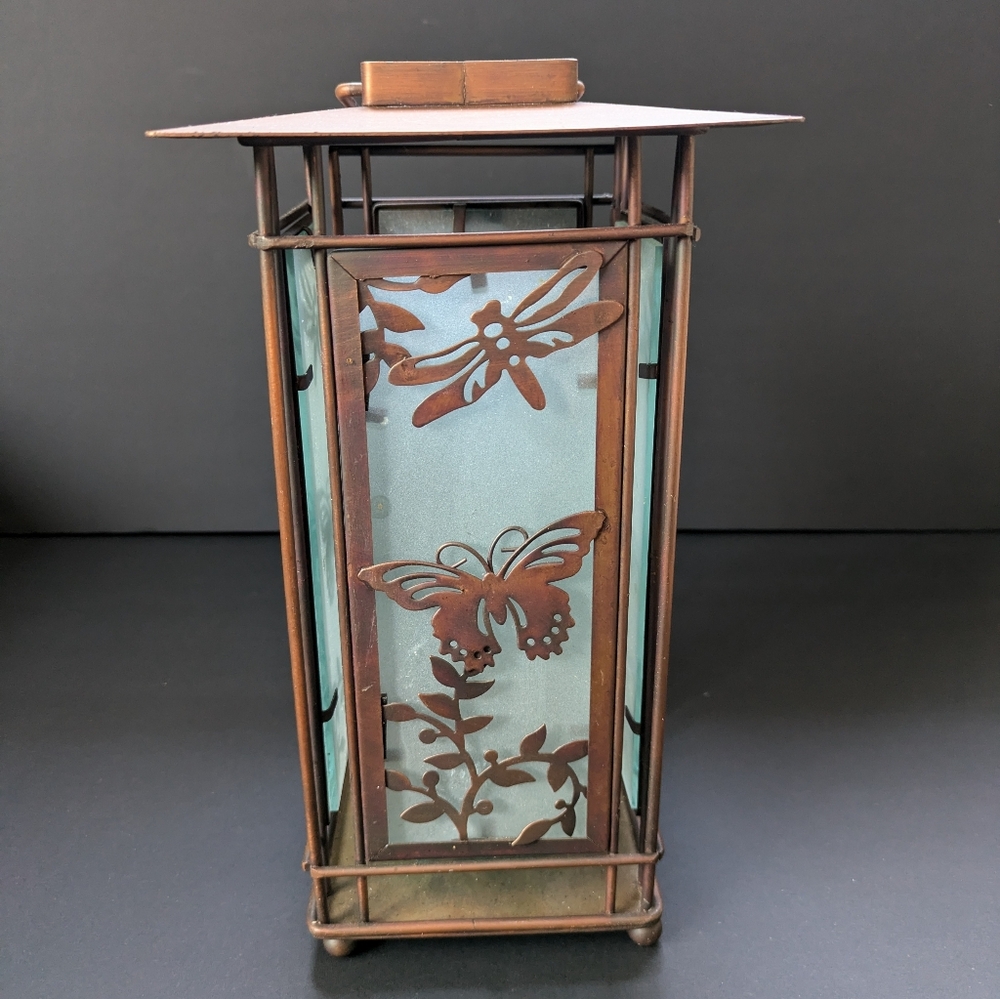 Butterfly Candle Holder Lantern Copper Metal & Glass Dragonflies Butterflies